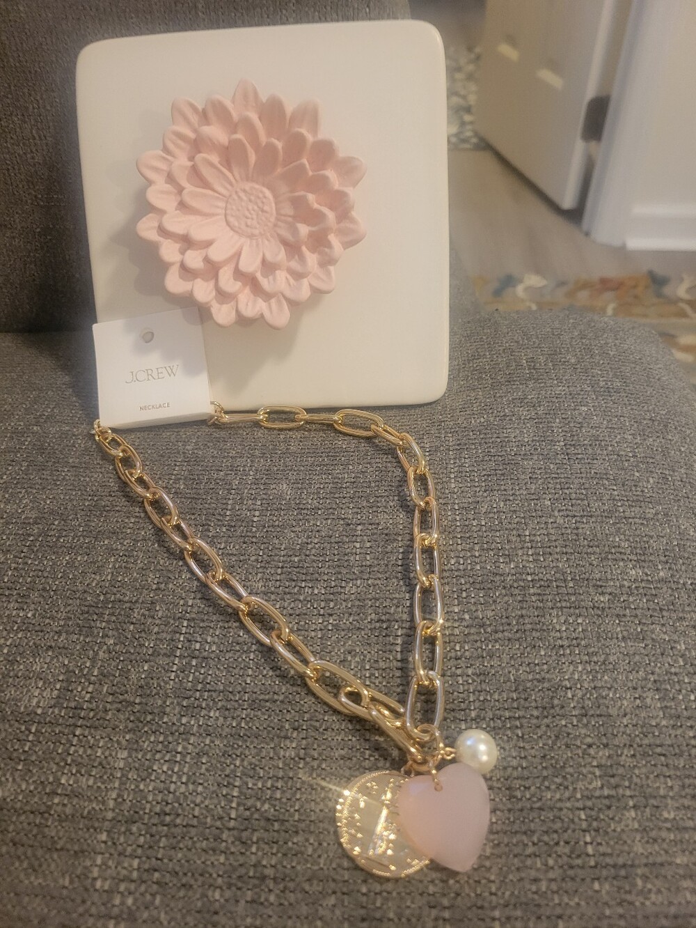 J. Crew Gold Chain Necklace with Pink Heart and Coin Charms